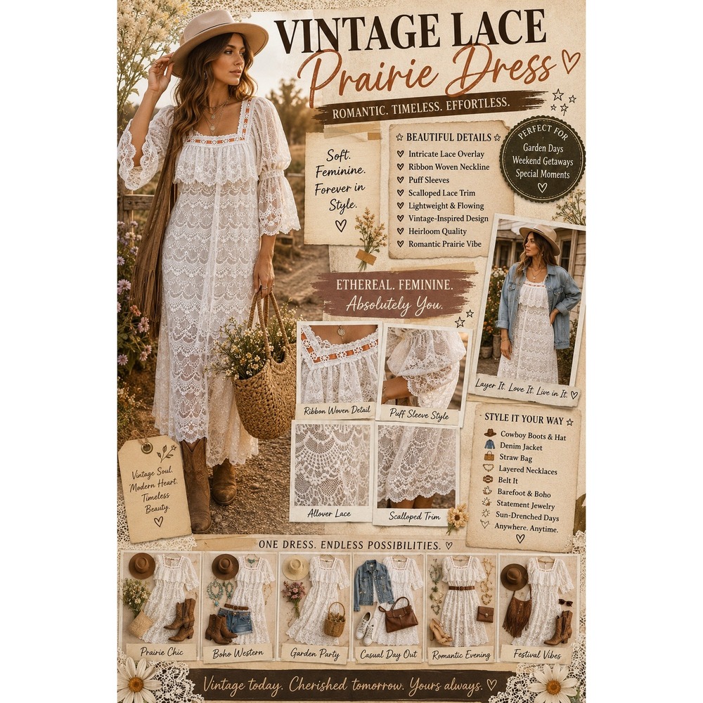 Vintage Inspired White Lace Prairie Dress Boho Cottagecore Scalloped Maxi M